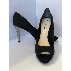 Nina Fiesta Rhinestone Heel Black Peep-Toe Evening Pumps Size 8